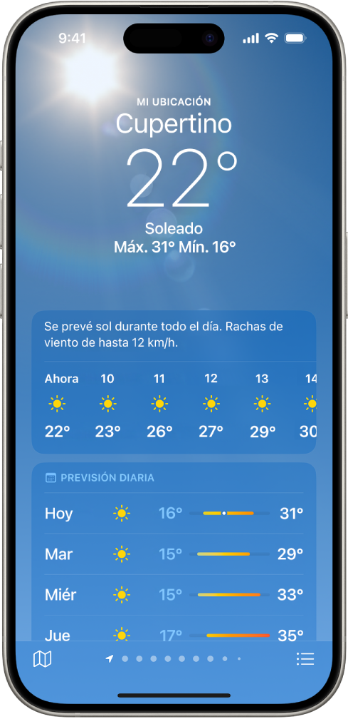 La pantalla Tiempo donde se ve, de arriba abajo: la ubicación, la temperatura actual, las temperaturas máxima y mínima del día, la previsión por horas y la de diez días. Una fila de puntos en la parte central inferior muestra cuántas ubicaciones hay en la lista de ubicaciones. En la esquina inferior derecha está el botón “Lista de ubicaciones” y, en la esquina inferior izquierda, el botón “Mostrar mapa”.