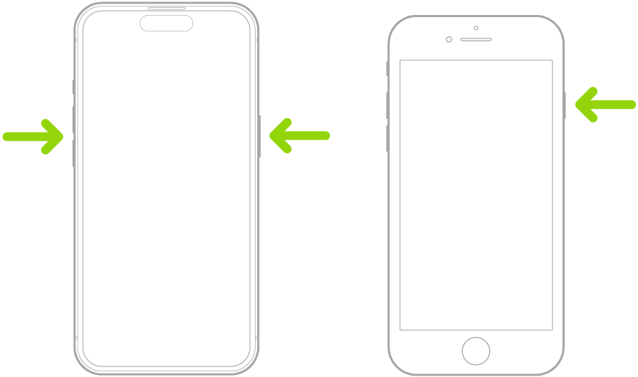 Ilustraciones de dos modelos de iPhone diferentes, con las pantallas mirando hacia arriba. La ilustración de la izquierda muestra los botones de subir y bajar volumen en la parte izquierda del dispositivo y el botón lateral en la parte derecha. La ilustración de la derecha muestra el botón lateral en la parte derecha del dispositivo.