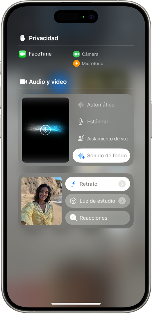 Ajustes de “Efectos de vídeo” en el centro de control durante una llamada de FaceTime. El modo Retrato está activado y la imagen de la persona que llama aparece en un recuadro más grande con el efecto del fondo difuminado y el sujeto destacado.