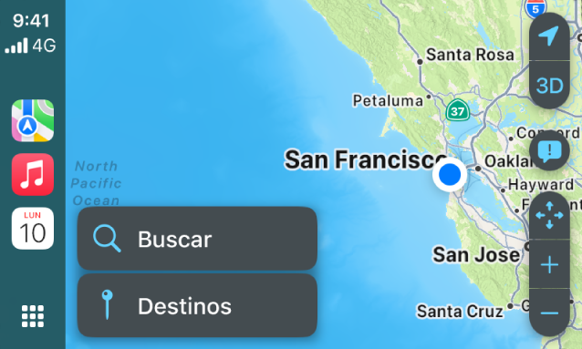 Pantalla de CarPlay con un mapa de San Francisco. A la derecha se encuentran los botones de ubicación, 3D, informar de un peligro y zoom. Los botones Buscar y Destinos están abajo.