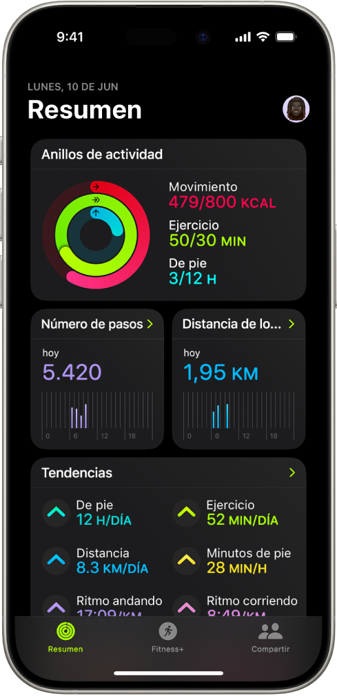 Pantalla Resumen de la app Fitness con las áreas “Anillos de actividad”, “Número de pasos”, “Distancia de los pasos” y Tendencias.