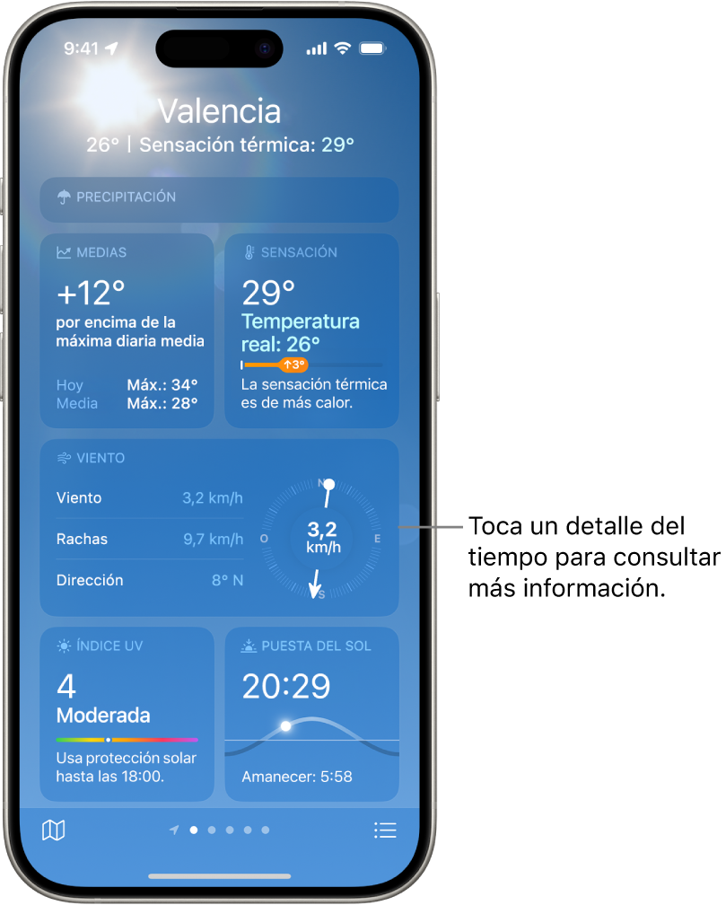 Pantalla Tiempo con la ubicación en la parte superior y, debajo, la temperatura actual y la condición meteorológica. El resto de la pantalla contiene detalles del tiempo para los siguientes elementos: calidad del aire, precipitación, índice UV y hora de la puesta de sol.