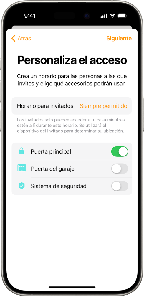 La pantalla “Personalizar el acceso” en la app Casa. En la parte superior de la pantalla está el horario para invitados y, debajo, los accesorios a los que el invitado puede acceder o no.