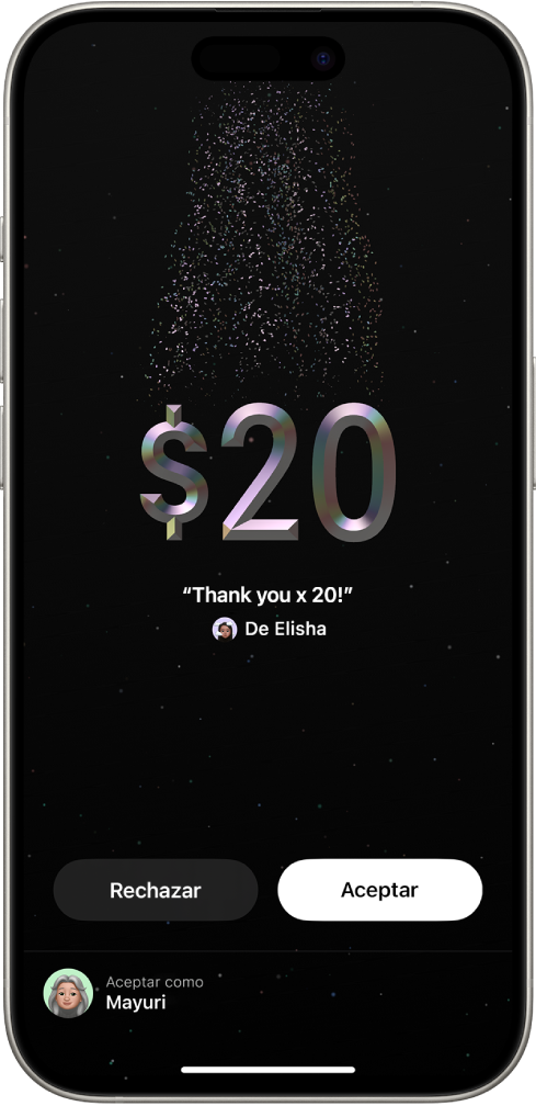 La pantalla “Tap to Cash” en la app Cartera que muestra la transferencia de 20 USD y los botones Rechazar y Aceptar en la parte inferior de la pantalla.