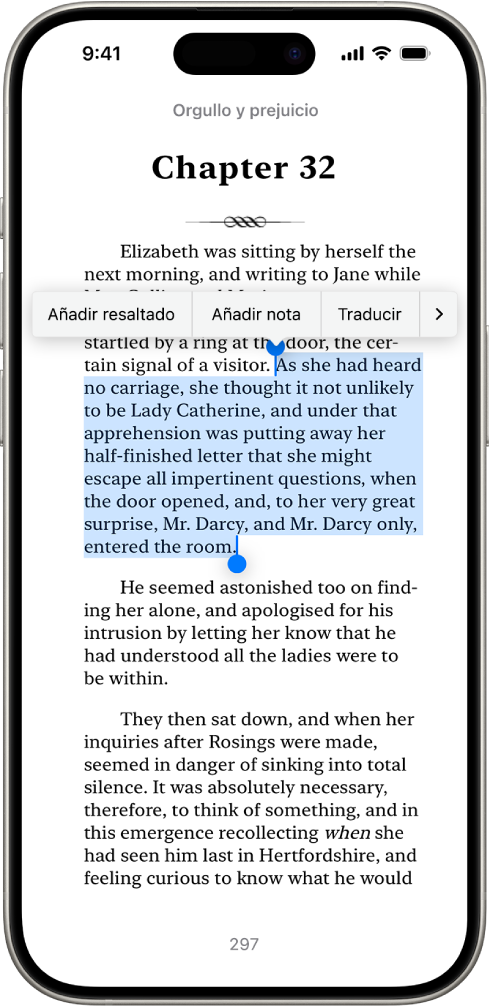 Página de un libro en la app Libros con una parte del texto de la página seleccionado. Los controles Resaltar, “Añadir nota” y Traducir están encima del texto seleccionado.