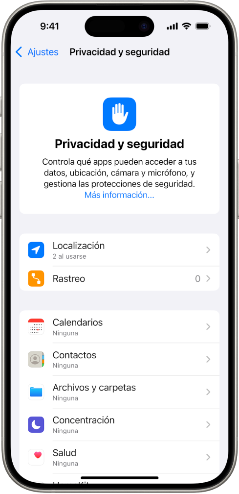 La pantalla “Privacidad y seguridad” con los ajustes de Localización y Rastreo, y ajustes para controlar qué apps pueden acceder a tus datos.