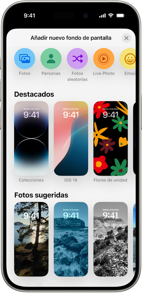 Pantalla “Añadir nuevo fondo de pantalla” con una galería de opciones de fondo de pantalla para personalizar la pantalla de bloqueo del iPhone, en categorías como Destacado y “Fotos sugeridas”. En la parte superior están los botones para añadir fotos, personas, fotos aleatorias, emojis y un fondo de pantalla del tiempo a la pantalla de bloqueo.