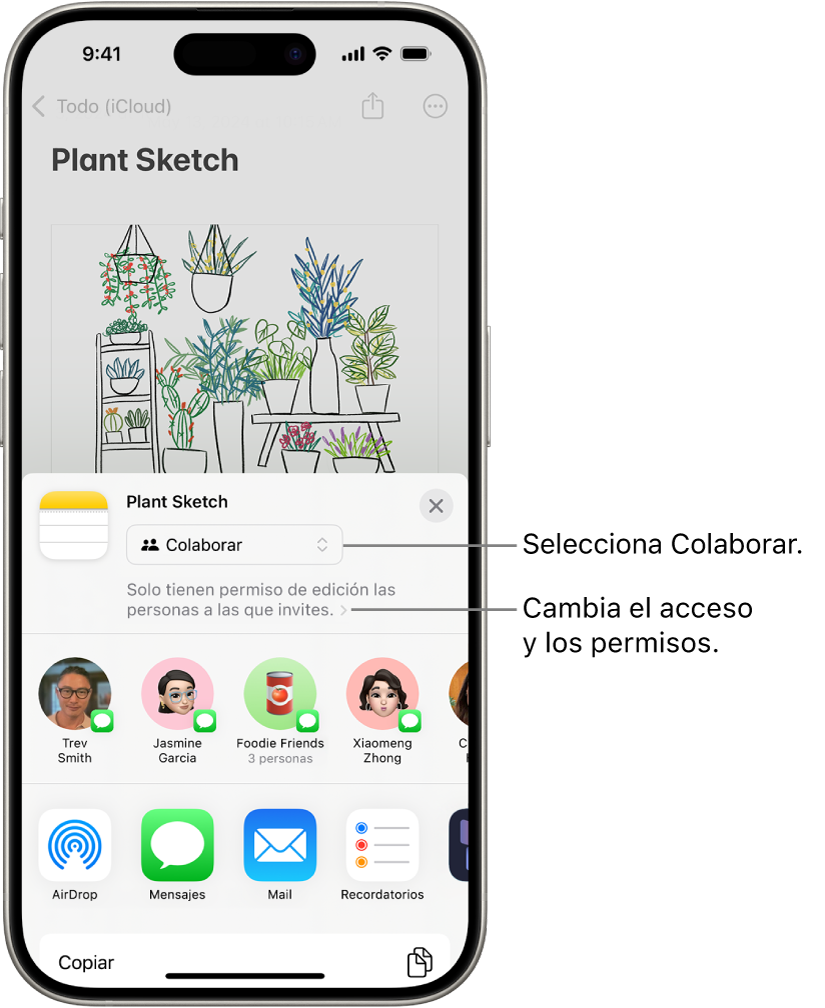 Una invitación de colaboración a dibujar en la app Notas, que muestra la opción para compartir Colaborar y la opción “Solo pueden editarlo las personas a las que invites” como el ajuste de acceso y de permisos. Debajo de eso hay una fila con cuatro posibles destinatarios, incluido un grupo. La fila inferior ofrece varias formas de compartir la nota: AirDrop, Mensajes, Mail y Freeform.