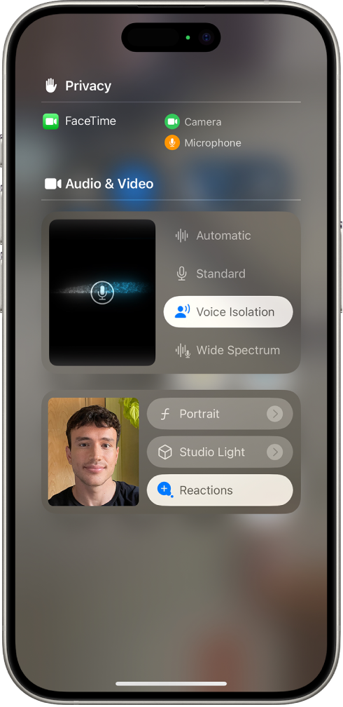 FaceTime'i kõnede Control Centeri seaded, kus kuvatakse heliseadeid Automatic, Standard, Voice Isolation ja Wide Spectrum.