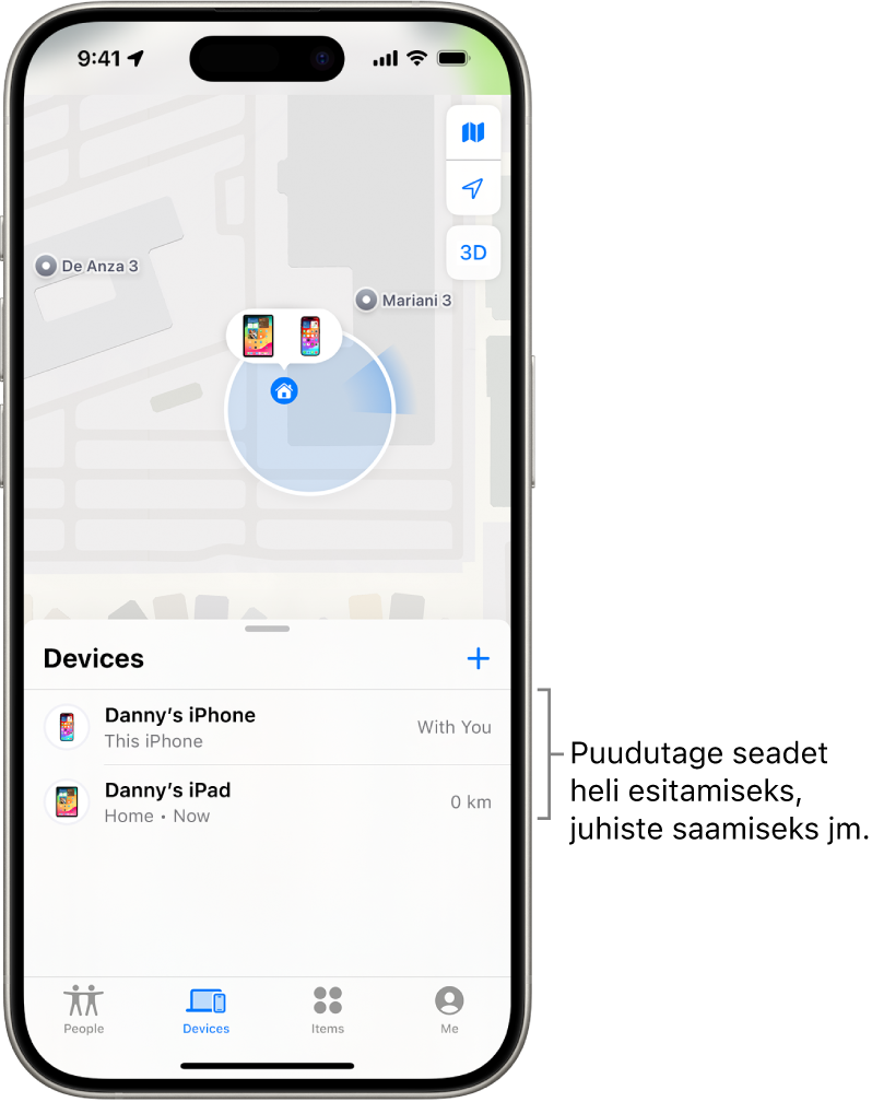 Kuvas Find My on avatud loend Devices. Loendis Devices on kaks seadet: Danny’s iPhone ja Danny’s iPad. Nende asukohti kuvatakse kaardil.