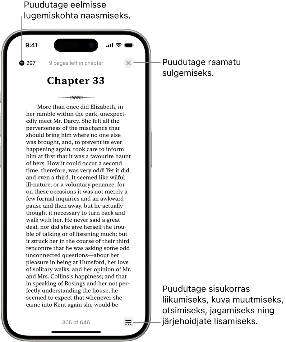 Rakenduses Books kuvatakse raamatu lehekülge. Ekraani ülaosas on nupud lugemise alguskohta naasmiseks ning raamatu sulgemiseks. Ekraanil all paremal on nupp Menu.