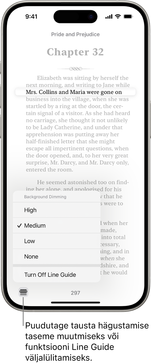 Rakenduses Books kuvatakse raamatu lehekülge. Üks tekstirida on tõstetud esile ning muu tekst on tuhmistatud. Ekraani alumises vasakus nurgas on nupp Line Guide Menu.