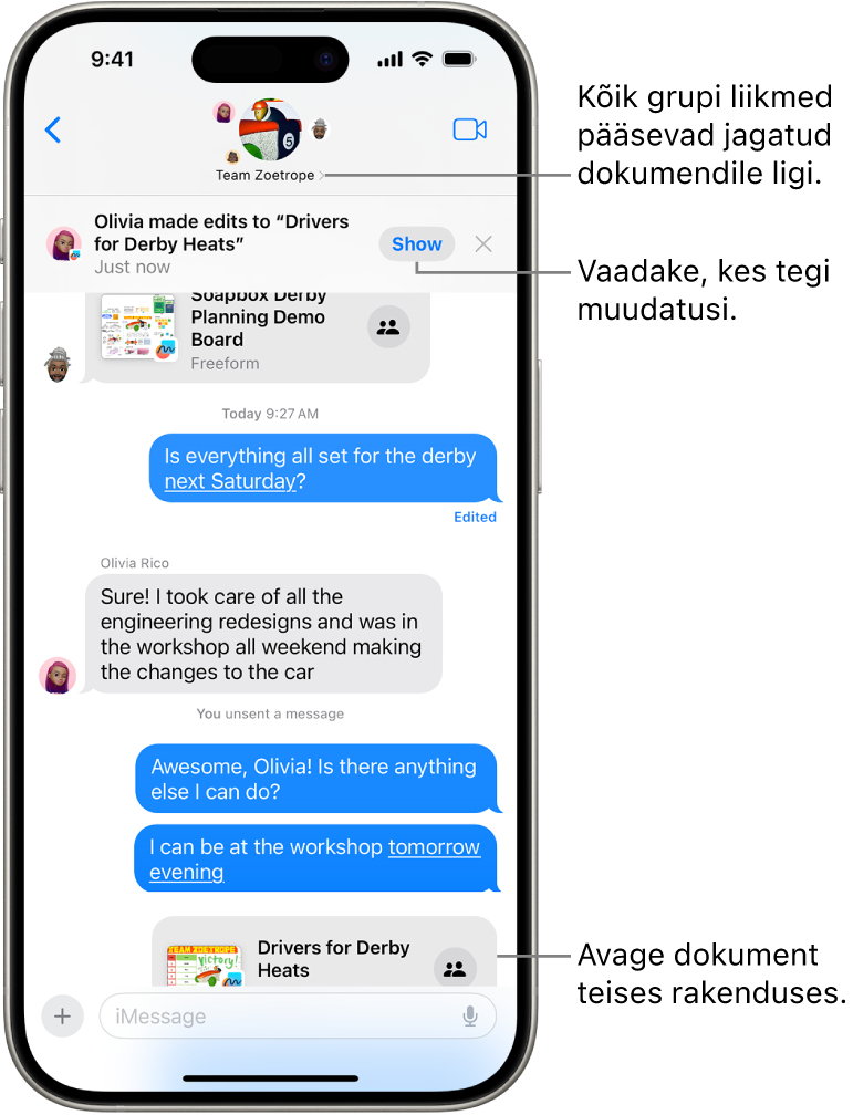 Rakenduse Messages grupivestlus, milles on kutse koostöö tegemiseks ning vestlusakna ülaosas kuvatakse värskendusi.