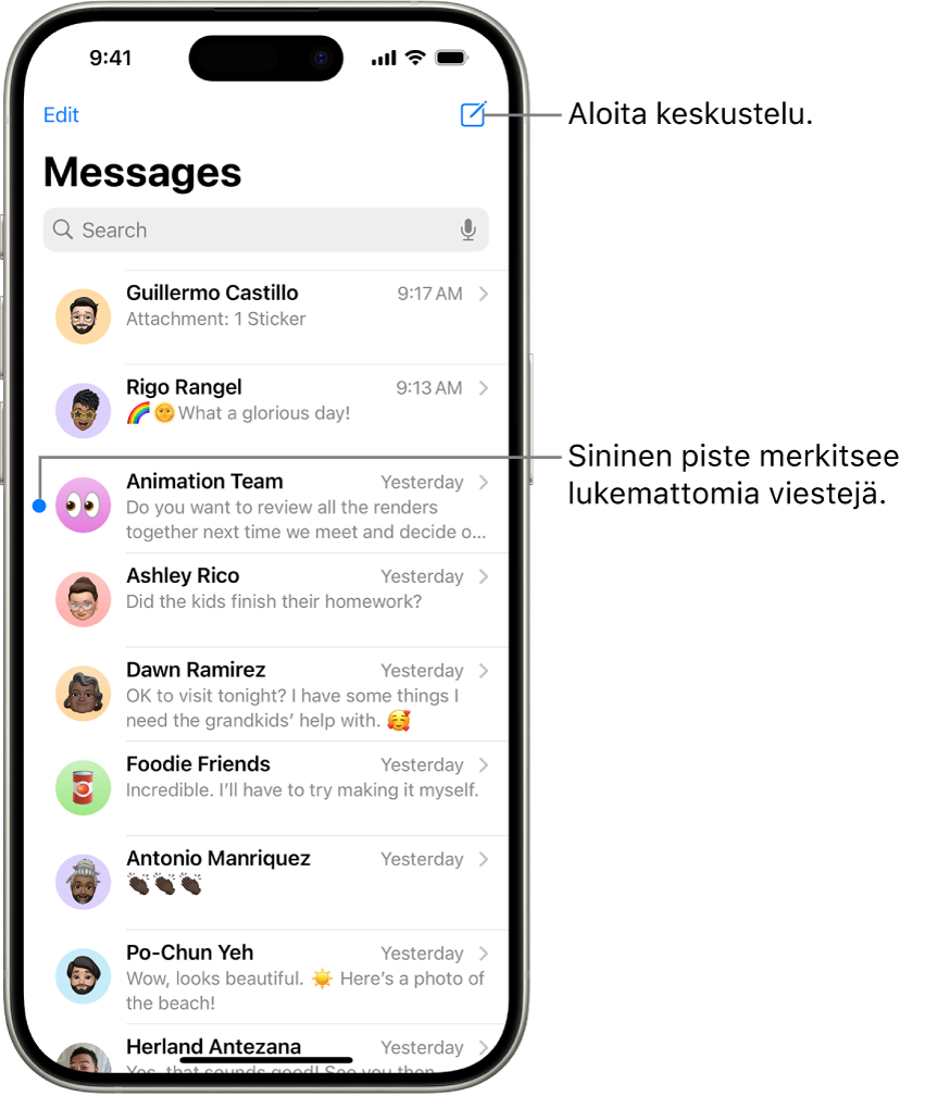 Viestit-apin keskusteluluettelo ja Kirjoita-painike oikeassa yläkulmassa. Sininen piste viestin vasemmalla puolella tarkoittaa, että viestiä ei ole luettu.