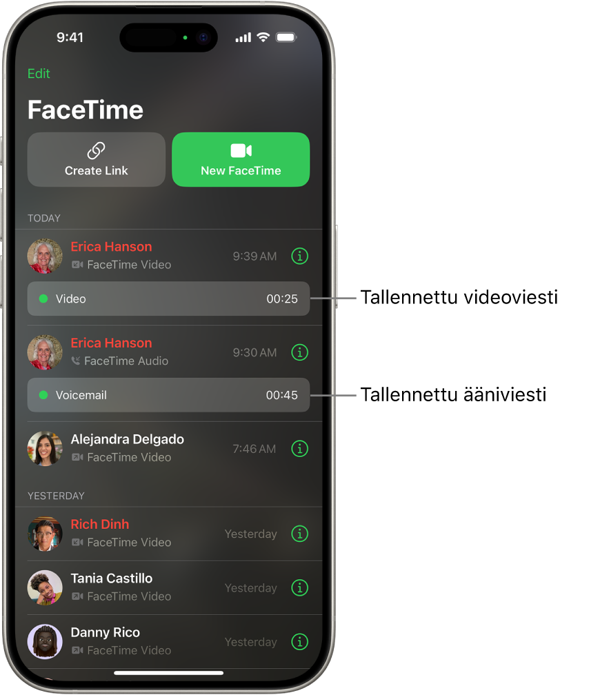 FaceTime-puheluhistoria, jossa on linkit tallennettuun videoviestiin ja puhepostiin.