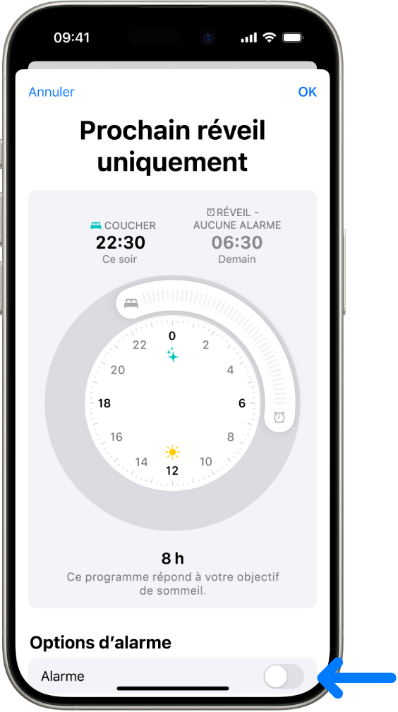 L’écran « Prochain réveil uniquement » dans Santé avec l’option Alarme désactivée en bas.