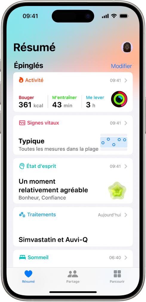 L’écran Résumé de Santé. Les informations relatives à l’activité, aux signes vitaux, à l’état d’esprit et aux traitements s’affichent sous Épinglés.