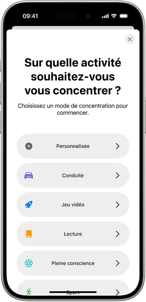 Un écran de configuration de Concentration pour les modes de concentration supplémentaires fournis, notamment Personnalisé, Conduite, Sport, « Jeu vidéo », « Pleine conscience » et Lecture.