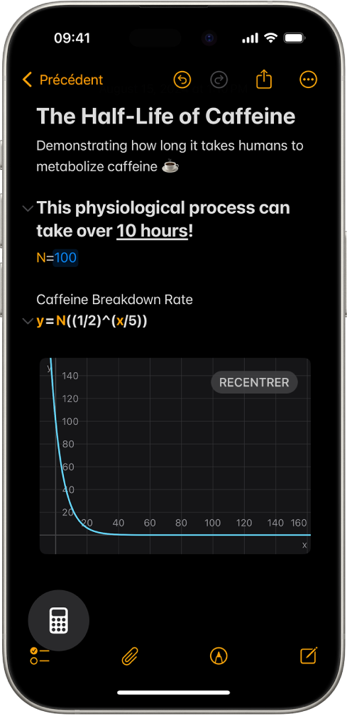 Une note mathématique ouverte dans Calculette, avec une variable déclarée, une équation et un graphique.