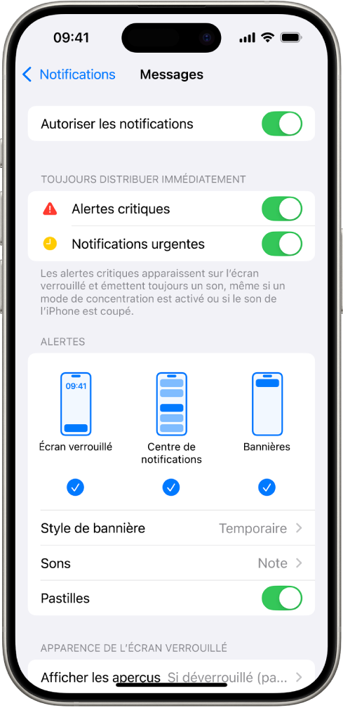 iPhone avec les réglages Messages pour les notifications et les alertes.