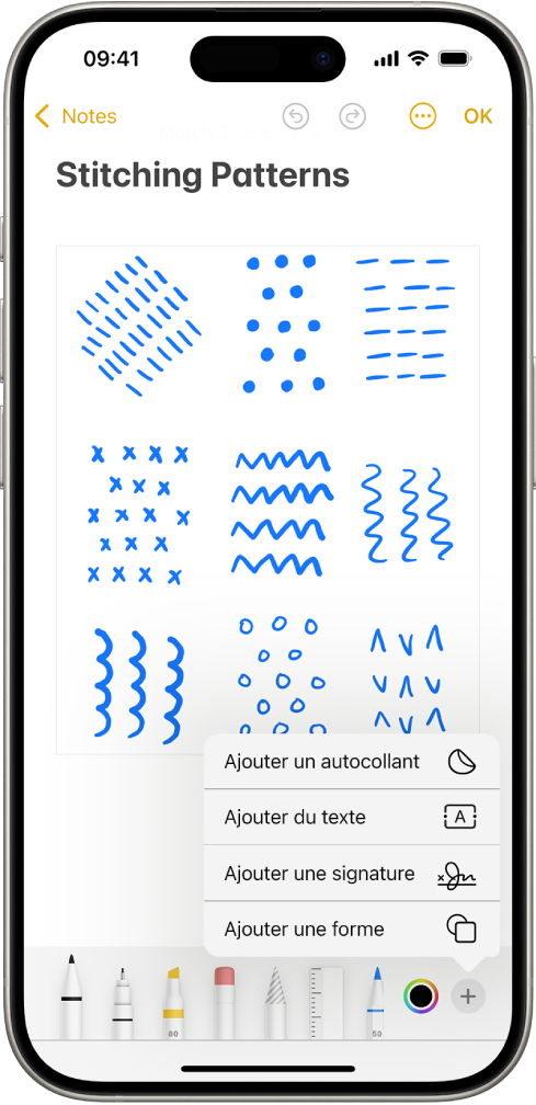 La barre d’outils d’annotation est ouverte au bas d’une note dans l’app Notes et le bouton Ajouter qui se trouve dans le coin inférieur droit de l’écran est sélectionné. Les options suivantes sont disponibles dans le menu Ajouter : Ajouter un autocollant, Ajouter du texte, Signature et Ajouter une figure.