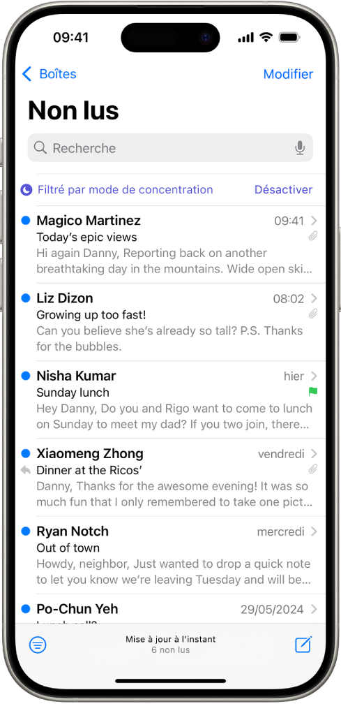 La boîte de réception affichant une liste d’e-mails. Au-dessus de la liste des e-mails se trouve l’étiquette « Filtré par mode de concentration » et, à droite de celle-ci, la mention Désactiver.