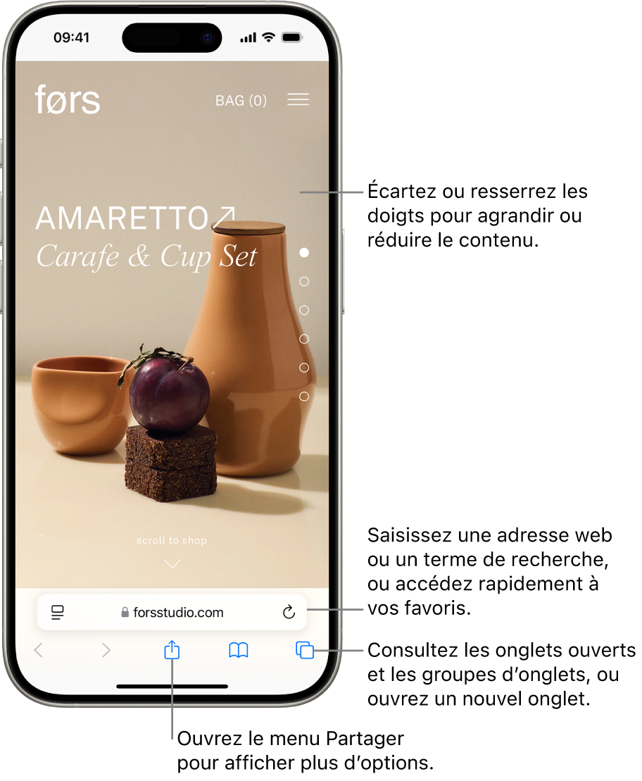 Un site web s’ouvre dans Safari, avec le champ d’adresse en bas. En bas, de gauche à droite, se trouvent les boutons Précédent, Suivant, Partager, Signets et Onglets.