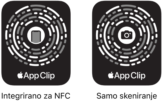 Slijeva, Kôd isječka aplikacije integriran za NFC s ikonom iPhonea u sredini. Zdesna, Kôd isječka aplikacije samo za skeniranje s ikonom kamere u sredini.