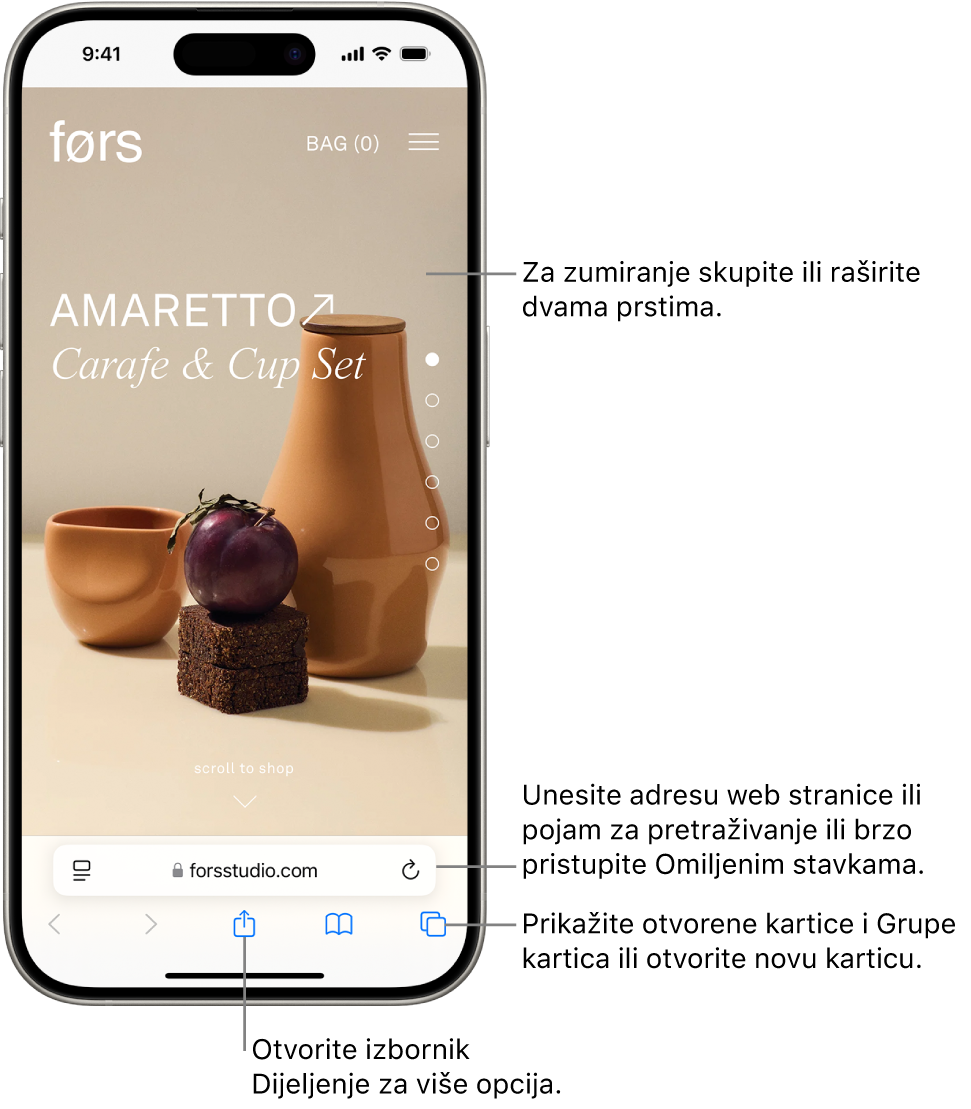 Web stranica otvorena u pregledniku Safari, s poljem za adresu na dnu. Na dnu, slijeva nadesno, nalaze se tipke Unatrag, Unaprijed, Dijeli, Knjižne oznake i Kartice.