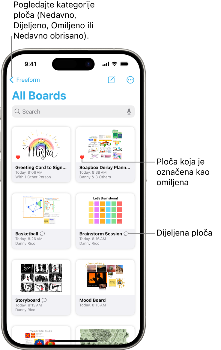 Otvoren je zaslon Sve ploče aplikacije Freeform i prikazuje osam minijatura ploča.