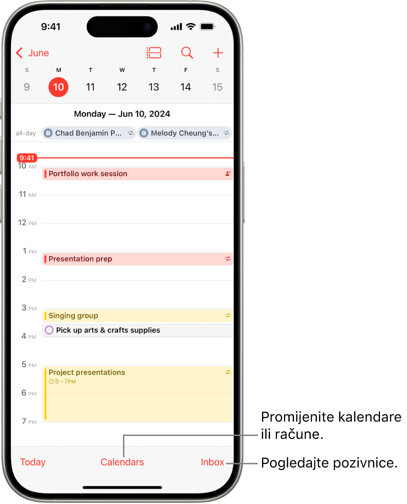 Kalendar u dnevnom prikazu pokazuje dnevne događaje. Tipka Kalendara nalazi se u donjem središnjem dijelu zaslona, a tipka Ulazna pošta nalazi se u donjem desnom dijelu.