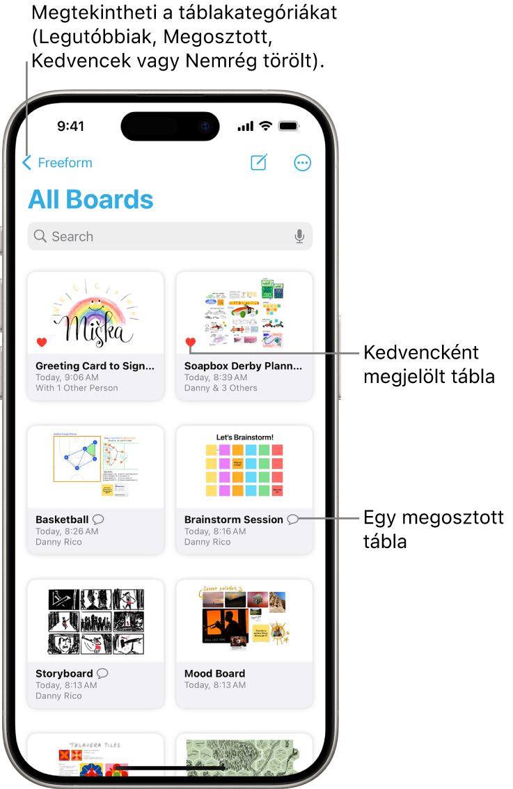 A Freeform Összes tábla képernyője meg van nyitva, és nyolc tábla bélyegképe látható rajta.