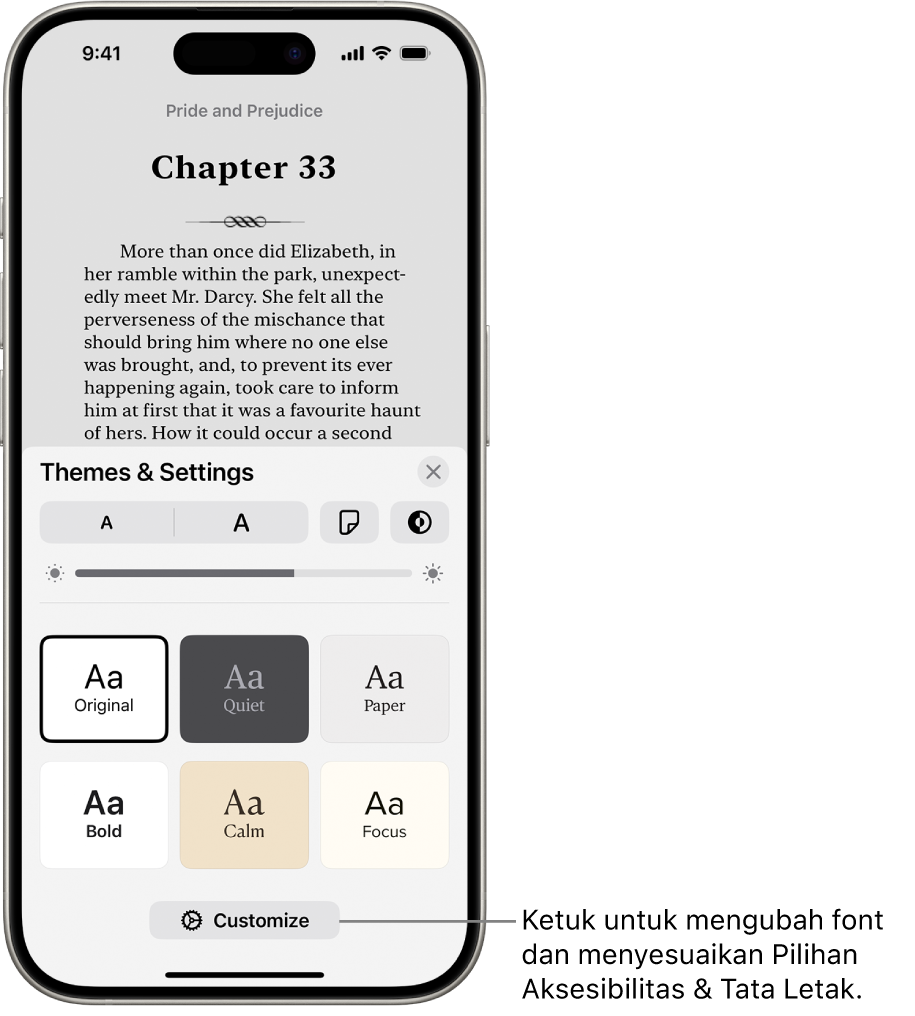 Halaman buku di app Buku. Pilihan Tema & Pengaturan menampilkan kontrol untuk ukuran font, tampilan pengguliran, gaya membalik halaman, kecerahan, dan gaya font.