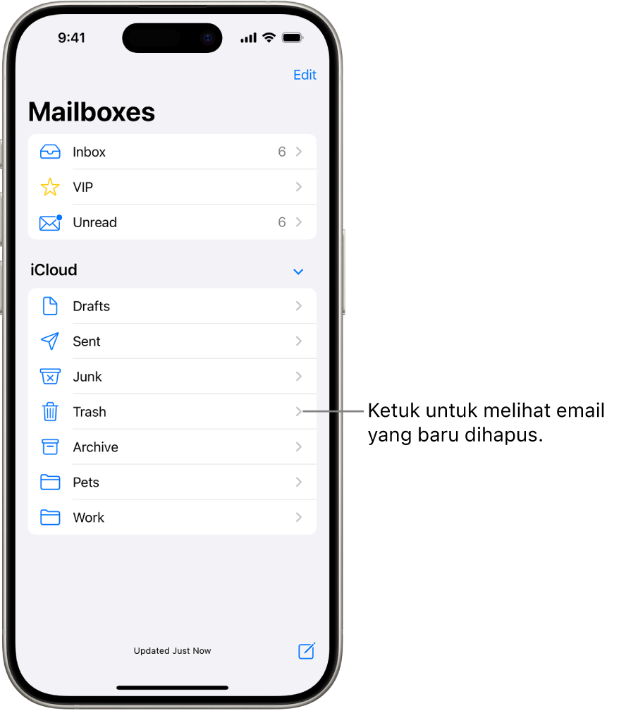 Layar Kotak Mail. Di bawah iCloud, kotak mail tercantum dari atas ke bawah, termasuk kotak mail Tong Sampah. Ketuk untuk melihat email yang baru dihapus.