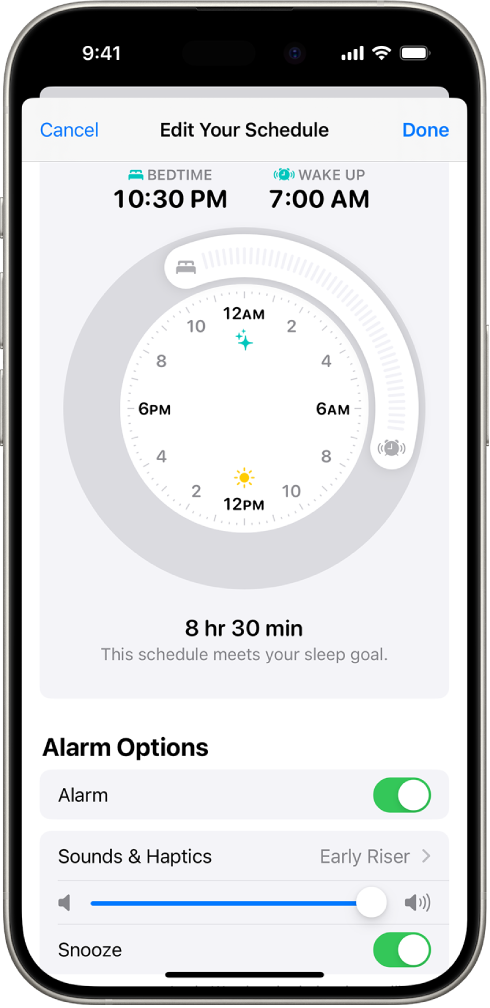 Layar Edit Jadwal Anda di Kesehatan, dengan jam Waktu Tidur dan Bangun di bagian atas layar, serta pilihan alarm di bagian bawah layar.