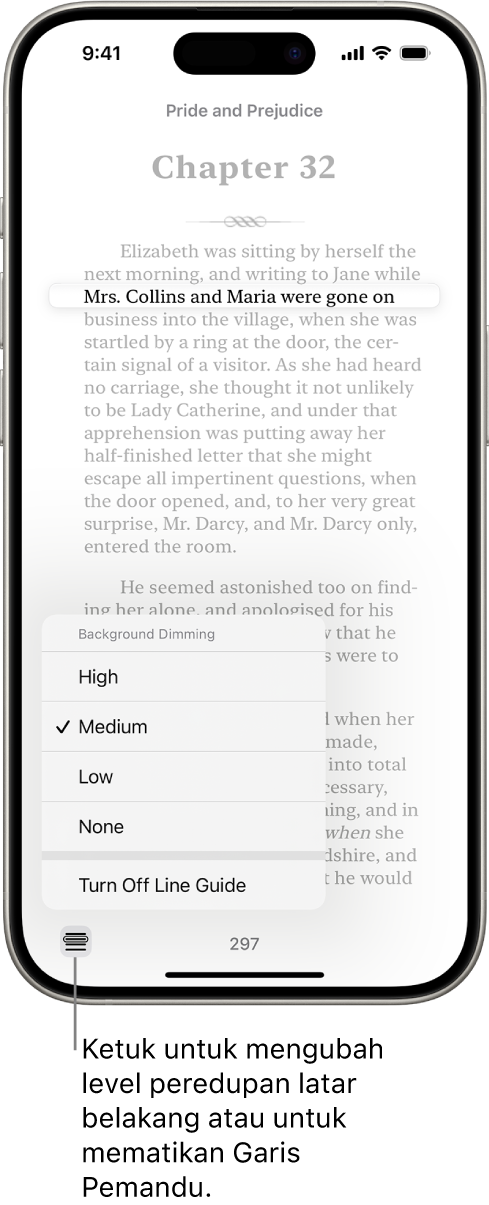 Halaman buku di app Buku. Satu baris teks disorot dan sisa teks diredupkan. Di pojok kiri bawah layar terdapat tombol Menu Garis Pemandu.