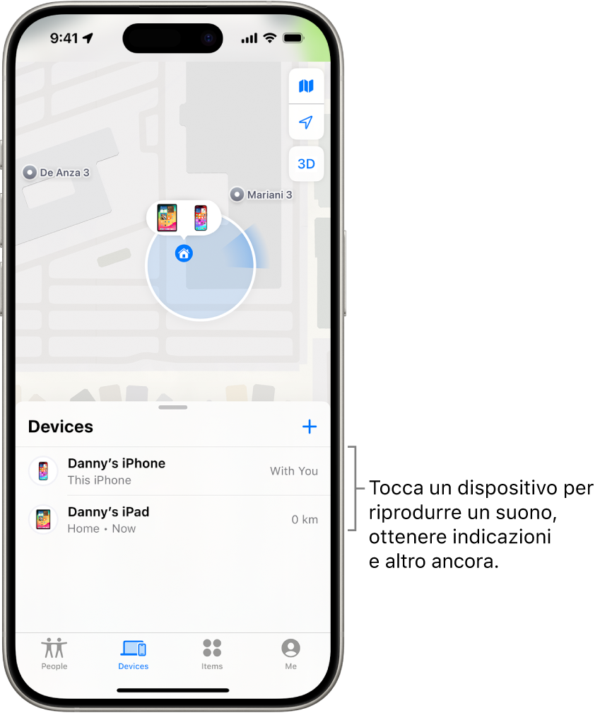La schermata di Dov’è aperta sull’elenco Dispositivi. Nell’elenco sono visibili due dispositivi: l’iPhone e l’iPad di Danny Le loro posizioni sono mostrate su una mappa.