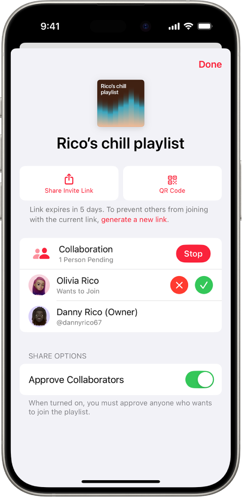 La schermata di gestione della collaborazione nell’app Musica.