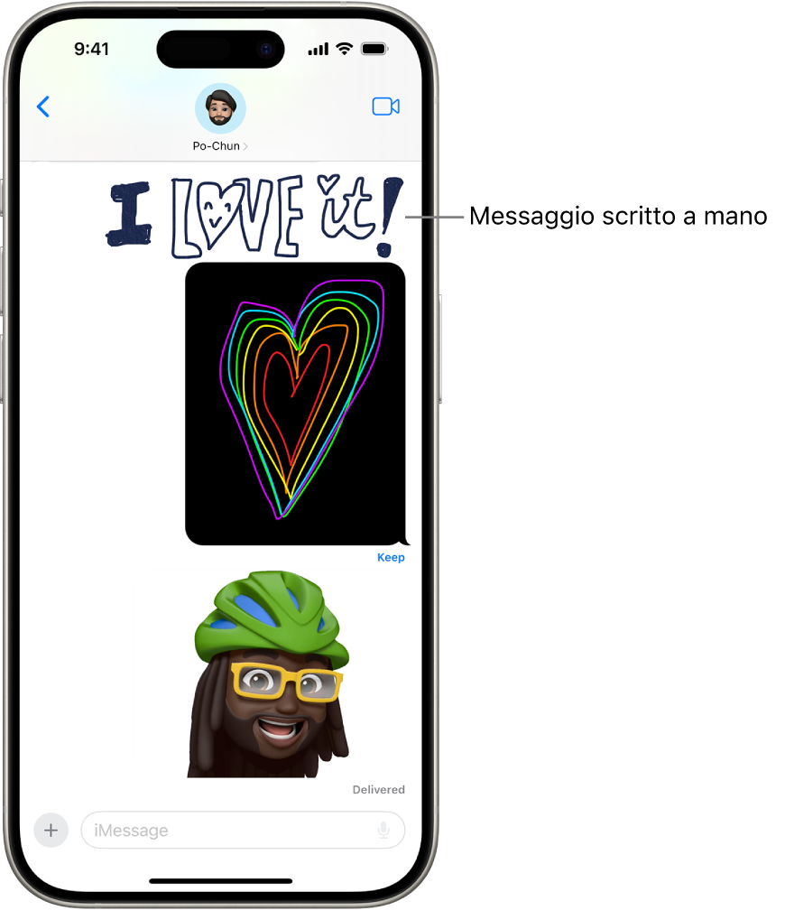 Una conversazione di Messaggi con delle animazioni: un messaggio scritto a mano, Digital Touch e una Memoji animata.