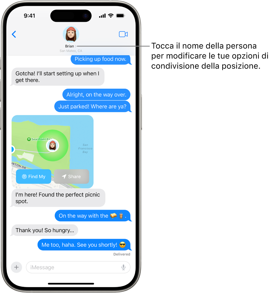 Una conversazione di Messaggi con una posizione condivisa con “Posizione precisa”.