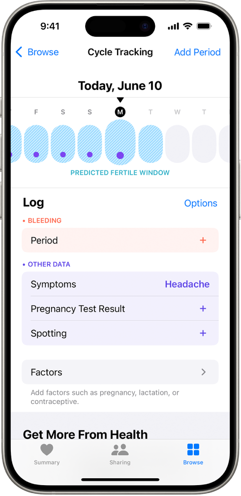 La schermata di “Monitoraggio Ciclo” con una timeline in alto che mostra una stima del periodo fertile. Sotto la timeline sono presenti opzioni per aggiungere informazioni su mestruazioni, sintomi e altro ancora.