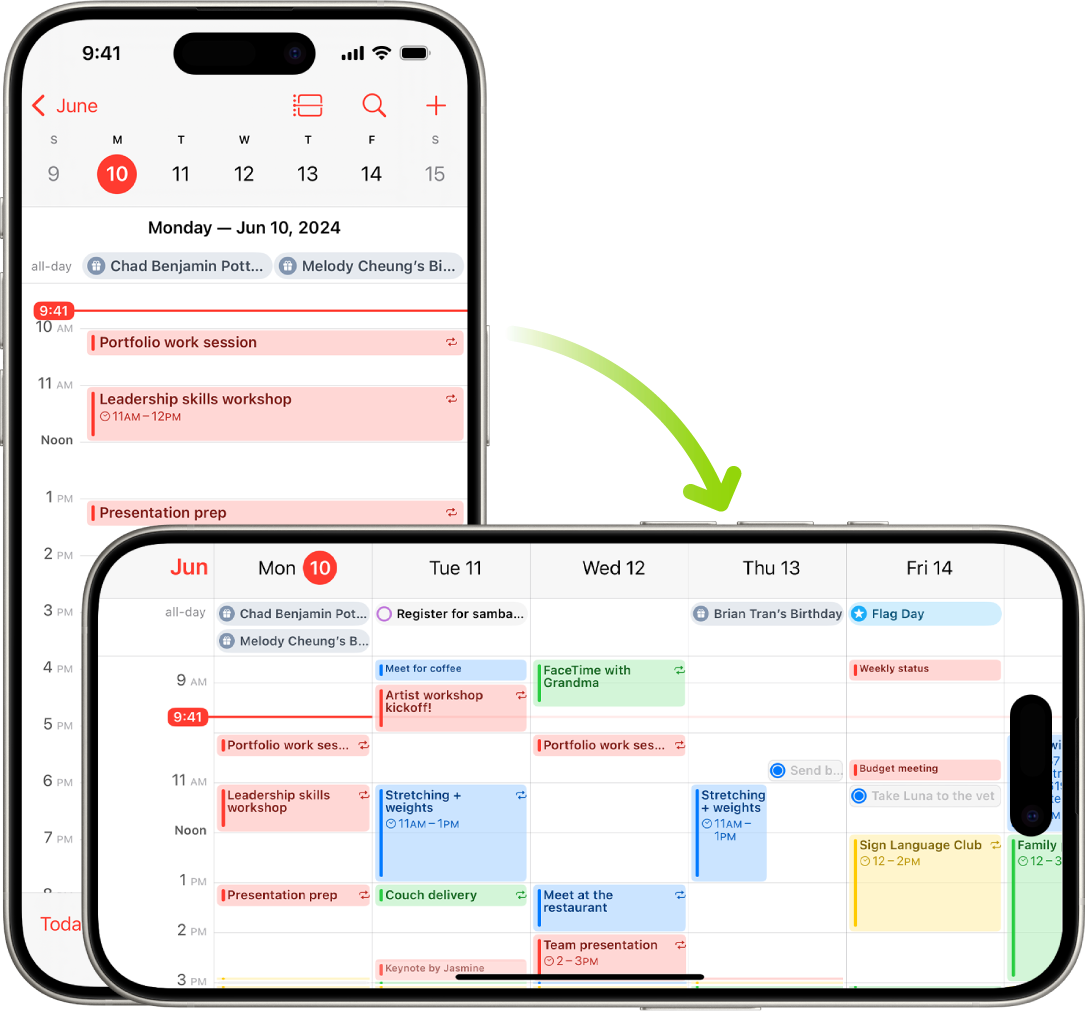 Sullo sfondo, iPhone mostra una schermata di Calendario, con gli eventi di un giorno mostrati in orientamento verticale; in primo piano, iPhone è ruotato in orientamento orizzontale e mostra gli eventi di Calendario per l’intera settimana.