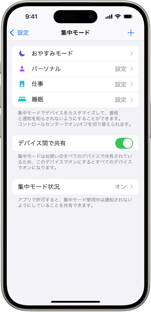 画面に「おやすみモード」、「通話中はメッセージを表示しない」、「睡眠」、「パーソナル」、「仕事」の5つの集中モードオプションが表示されています。「デバイス間で共有」オプションがオンになっています。これにより、ほかのAppleデバイスで同じ集中モード設定を使用できます。