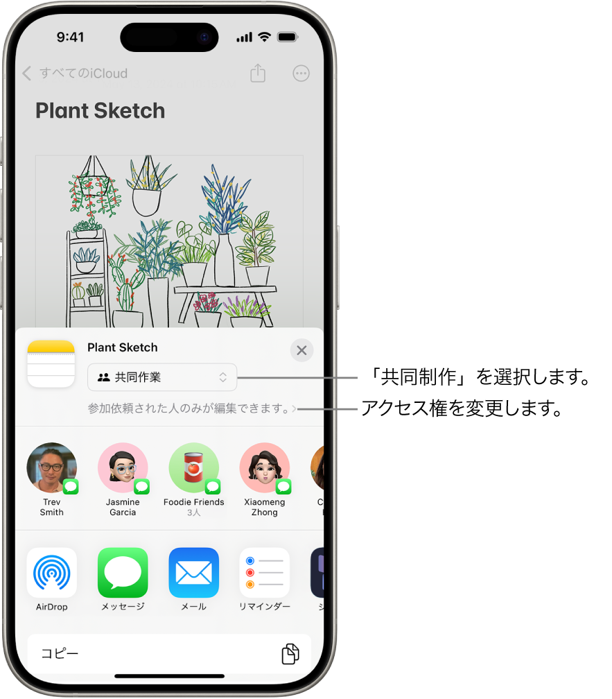 「メモ」の描画の共同作業の参加依頼。共有オプションに「共同作業」、アクセスおよび権限の設定に「参加依頼された人だけが編集できます」と表示されています。その下の行には、グループを含む4人の受信者が表示されています。一番下の行には、メモを共有する方法としてAirDrop、メッセージ、メール、フリーボードが表示されています。