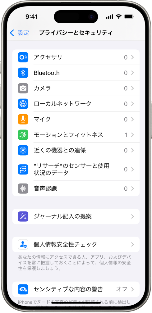 「プライバシーとセキュリティ」画面。アプリでiPhoneのカメラやマイクなどのパーツを使用できるかどうかを制御する設定が表示されています。