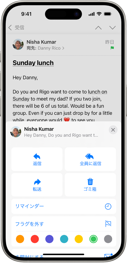 メールの画面の下半分に、「フラグを外す」ボタンやフラグの色の選択肢などの返信オプションが表示されています。