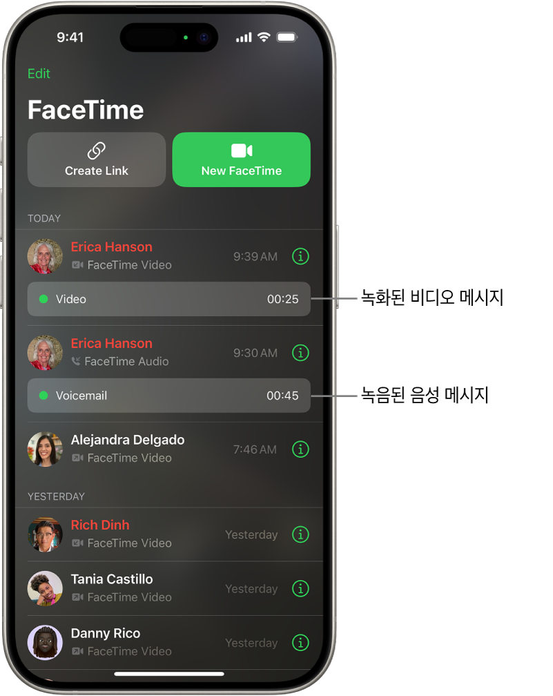 녹화된 비디오 메시지와 녹음된 음성 메시지의 링크가 포함되어 있는 FaceTime 통화 기록.