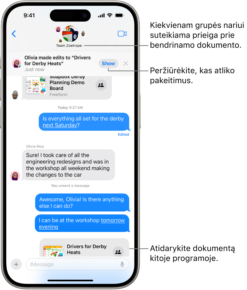 „Žinutės“ grupės pokalbis, įskaitant kvietimą bendradarbiauti ir pokalbio viršuje rodomus pakeitimus.