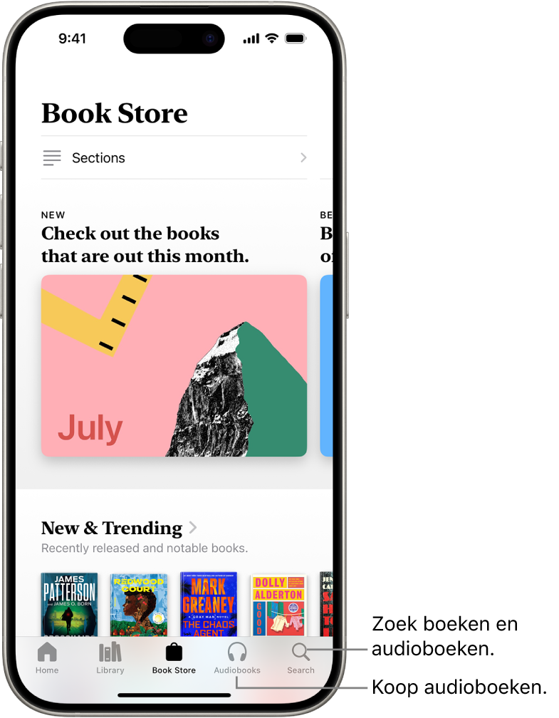 Het scherm 'Book Store' in de Boeken-app. Onder in het scherm staan van links naar rechts de tabs 'Home', 'Bibliotheek', 'Book Store', 'Audioboeken' en 'Zoek'. De tab 'Book Store' is geselecteerd.