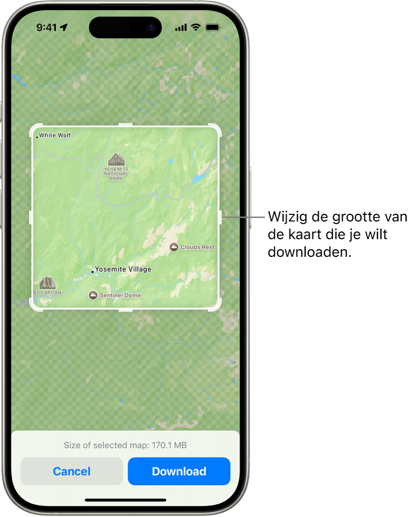 Een kaart van een nationaal park. Rond het park staat een kader met grepen. Je kunt deze verplaatsen om de grootte aan te passen van de kaart die je wilt downloaden. De downloadgrootte van de geselecteerde kaart wordt eronder weergegeven. Onder in het scherm staan de annuleerknop en de downloadknop.